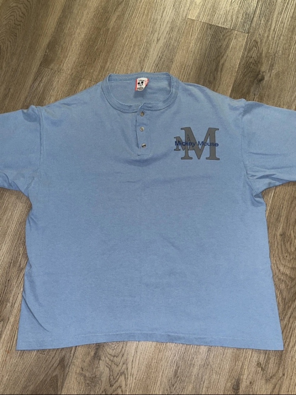 Disney Light Blue Short Sleeve Henley Mickey 'M' Logo vintage single stitch